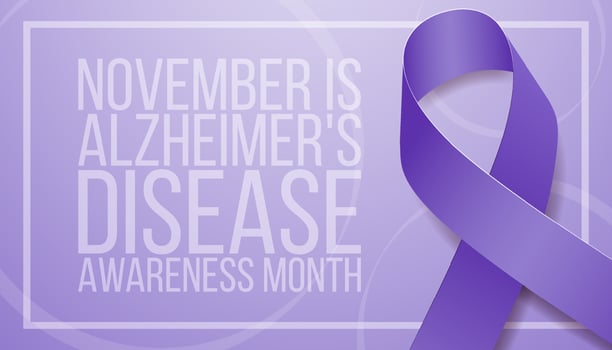 Alzheimer's disease awareness month concept. Banner template with purple ribbon and text.  Vector illustration.