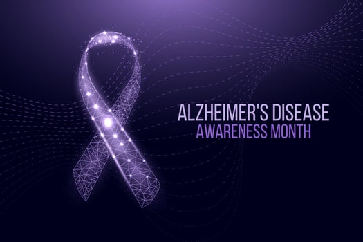 Alzheimer's disease awareness month concept. Banner template with purple ribbon and text.  Vector illustration.