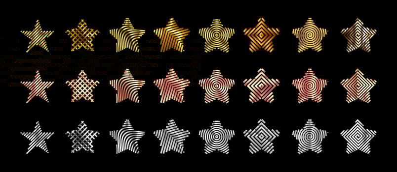 Realistic gold silver bronze stars vector set.