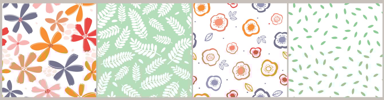 A set of seamless pattern with floral ornament. Summer plant botanical abstract print, simple shapes. Vector graphics.