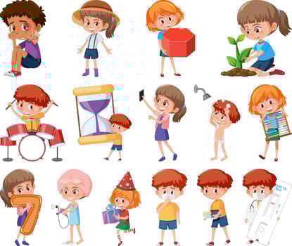 Set of children doing different activities on white background vector