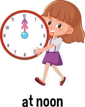 English prepositions of time with clock at noon vector