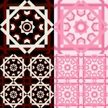 4 in1 seamless pattern designed from geometric shapes. Use it as a background, shirt pattern, and make patterns on things. Pink, white, black, red and white. vector
