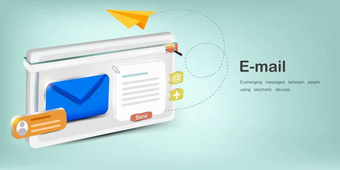 E mail with electronic device and search button for sending messages or attach files online vector