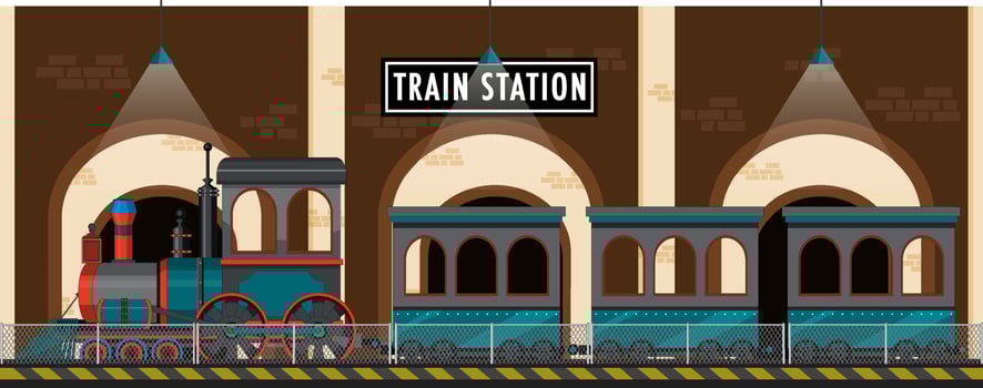 Train station scene with steam locomotive vector