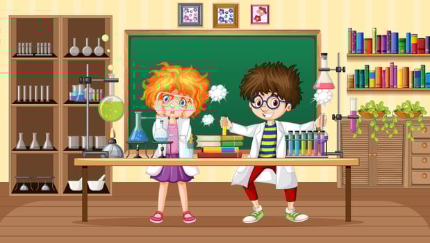Laboratory scene with scientist children cartoon character vector