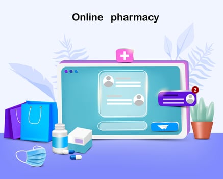 Medical face mask with tablet capsule and shopping bag for online pharmacy vector