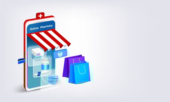 Smartphone with medicine and medical mask for online pharmacy vector