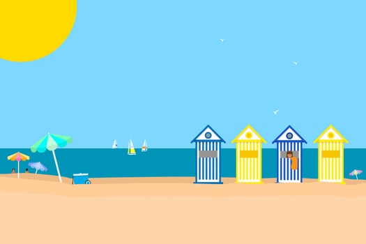 Beautiful summer beach scene with beach huts, umbrellas and yachts in the sea. Copy space vector