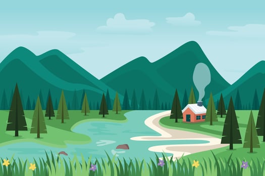 beautiful scenery illustration of hills and lake vector
