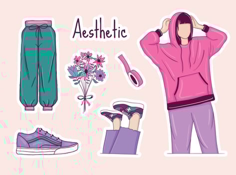 Colorful Hand drawn aesthetic stickers collection vector