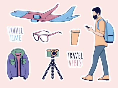 Colorful Hand drawn travel theme stickers collection vector