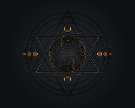 Gold Mystical sacred geometry symbol.  alchemy magic wireframe sphere, occult, philosophical sign. For music album cover, sacramental design. Astrology, religion concept. Vector isolated on black