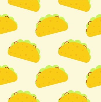 taco flat design seamless pattern. Vector illustration of art. Vintage background. Kitchen and restaurant design for fabrics, paper. Traditional Mexican food background. Tomato and fresh meat.