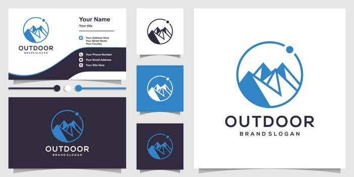 Outdoor logo with mountain inside circle stye and business card design template Premium Vector