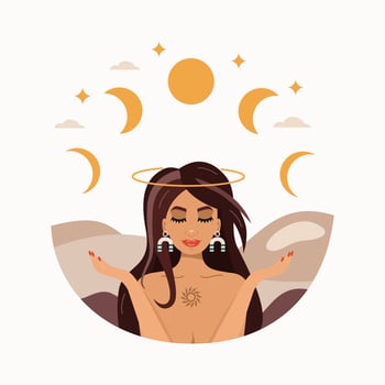 Cute girl with closed eyes and open hands to the sky on white background. Moon phases , clouds and stars. Trendy moonlight landscape. Vector illustration