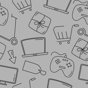 Pattern with purchases black thin lines on a gray background Vector illustration