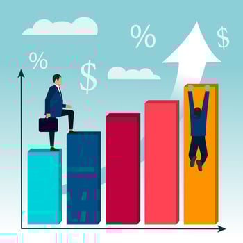 The businessman is on schedule. Profit growth chart. A person climbs colored steps, a colorful flowchart with a flat arrow. Growth statistics on the chart, a man in a suit holding a bag vector