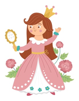 Fairy tale vector princess with mirror and roses. Fantasy girl in crown isolated on white background. Medieval fairytale maid in pink dress. Girlish cartoon magic icon with cute character.