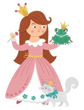 Fairy tale vector princess with frog prince and cat. Fantasy girl in crown isolated on white background. Medieval fairytale maid in pink dress. Girlish cartoon magic icon with cute character.