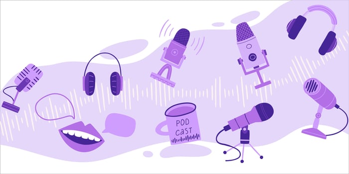 Podcast cover design in a trendy style and purple velvet color. microphones, sound recording devices, headphones, a seagull with a hot drink. flat vector hand drawn illustration.