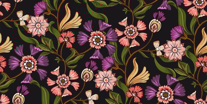 Colorful asian style floral pattern. Dark background floral tapestry.  paisley pattern with traditional indian style, design for decoration and fabrics vector