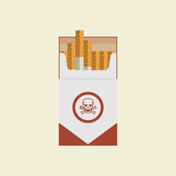 Pack of cigarettes. Flat style. The nicotine dependence. Addiction. The red packaging. Unhealthy habit. Smoking kills. Vector illustration.