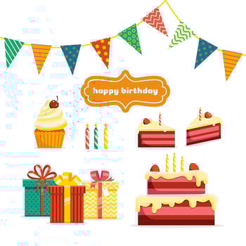 Birthday celebration, holiday party decor. Vector icons.  Gifts, cake, pieces of cake, cupcake isolated on white background. Design elements for invitation, greeting card