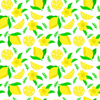 Seamless pattern of bright lemons, hand-drawn elements. Summer. Yellow lemons with leaves and flowers on white background. Lemonade. Suitable for textiles and packaging. vector