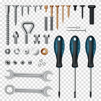 Screws Bolts Tools Transparent Set vector
