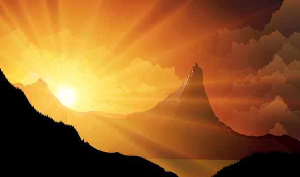 Vector illustration of Mountain landscape at sunset