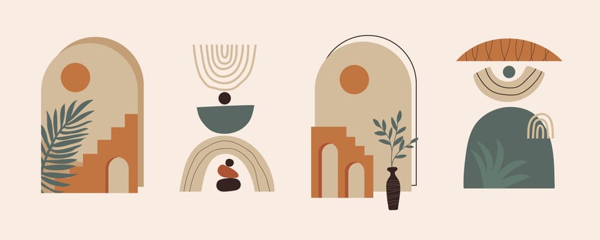 Modern abstract aesthetic set of geometric balance shapes, stairs and plants. Wall decor in boho style. Mid century vector print for cover, wallpaper, card, social media, interior decor