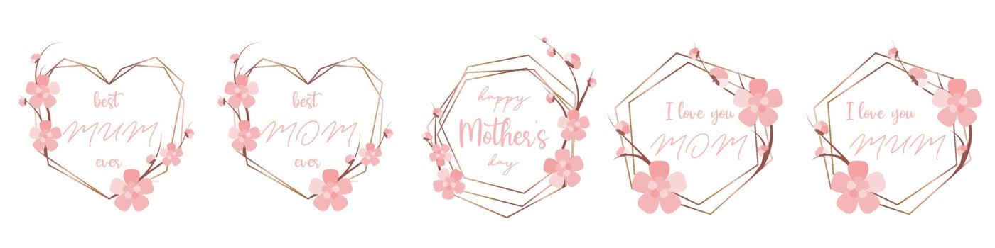 Polygonal frames for Mothers day celebration. Geometric card template with flowers vector