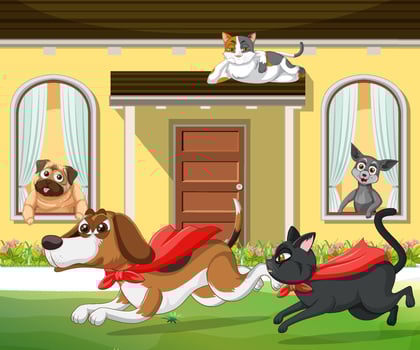 Outdoor scene with cartoon cats and dogs vector