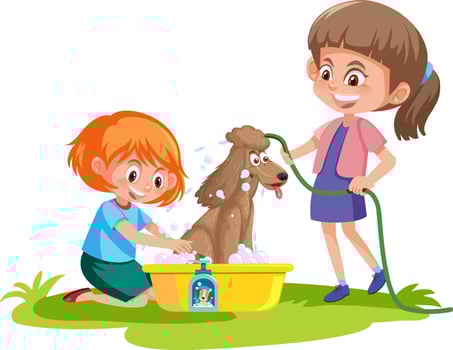 Cute dog take a bath with kids on white background vector