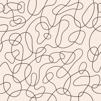 Stylish abstract seamless pattern with brown geometric tangled lines on pastel background. Vector doodle design