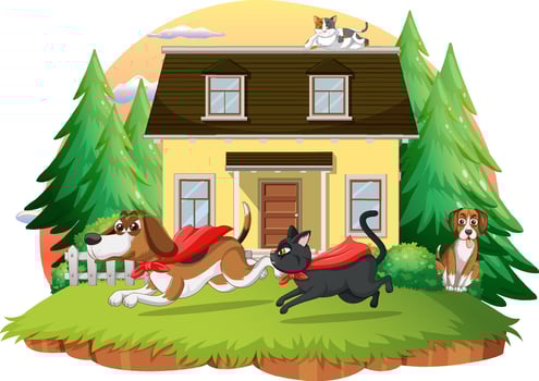Outdoor house scene with domestic animals cartoon vector