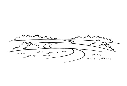 Rural landscape with road and tree. Hand drawn illustration converted to vector. vector