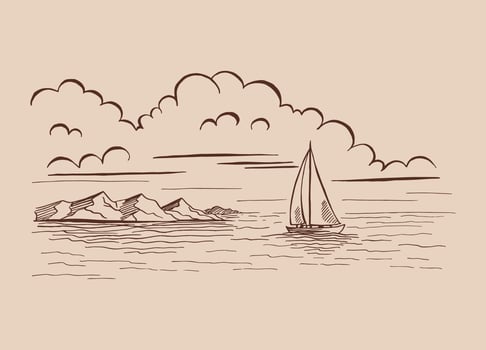 Seascape. Landscape, sea, sailboat, rocks. Hand drawn vector illustration.