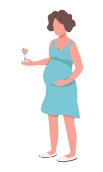 Happy pregnant woman holding pink flower semi flat color vector character