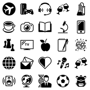 Set of simple icons on a theme Hobbies, entertainment, vector, design, collection, flat, sign, symbol,element, object, illustration. Black icons isolated against white background vector