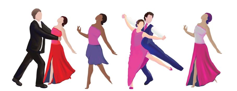 set of dancers dancing in the ballroom, tango, salsa, bachata, latin dances, ballet, vector