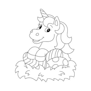 Cute unicorn and nest with easter eggs. Coloring book page for kids. Cartoon style character. Vector illustration isolated on white background.