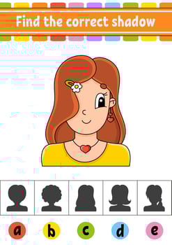 Find the correct shadow. Education developing worksheet. Activity page. Color game for children. Isolated vector illustration. Cartoon character.