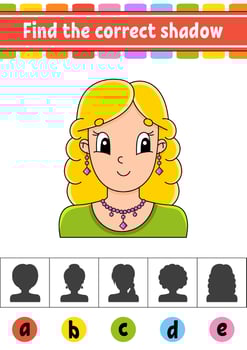 Find the correct shadow. Education developing worksheet. Activity page. Color game for children. Isolated vector illustration. Cartoon character.