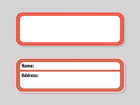 Name and address tag. For kids supplies and child clothes. Bright stickers. Rectangular label. Color vector isolated illustration.
