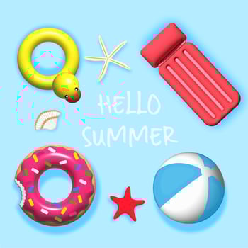 Hello Summer, Set of Inflatable Rings and Inflatable Mattress for Water Leisure, Cute Realistic Swimming Accessories, 3D Vector Illustration