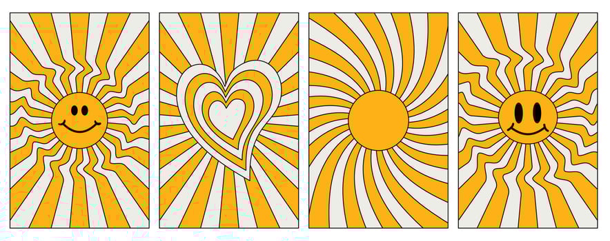 Set of hipster retro cool psychedelic elements. A collection of groovy cliparts from the 70s. acid wave rainbow backgrounds in 1970s 1960s hippie style. Abstract design of cartoon. Trend vector