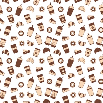 Vector seamless pattern of cups of coffee, drinks, cakes, croissants and donuts. Illustration on the theme of food, coffee and sweets. Abstract background of icons of cups of coffee, dessert, baking