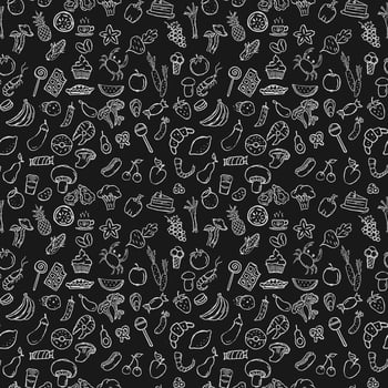 Doodle vector with food icons on black background. seamless pattern with food icons. icons of seafood, mushrooms, sweets, vegetables and fruits. vector food icons.